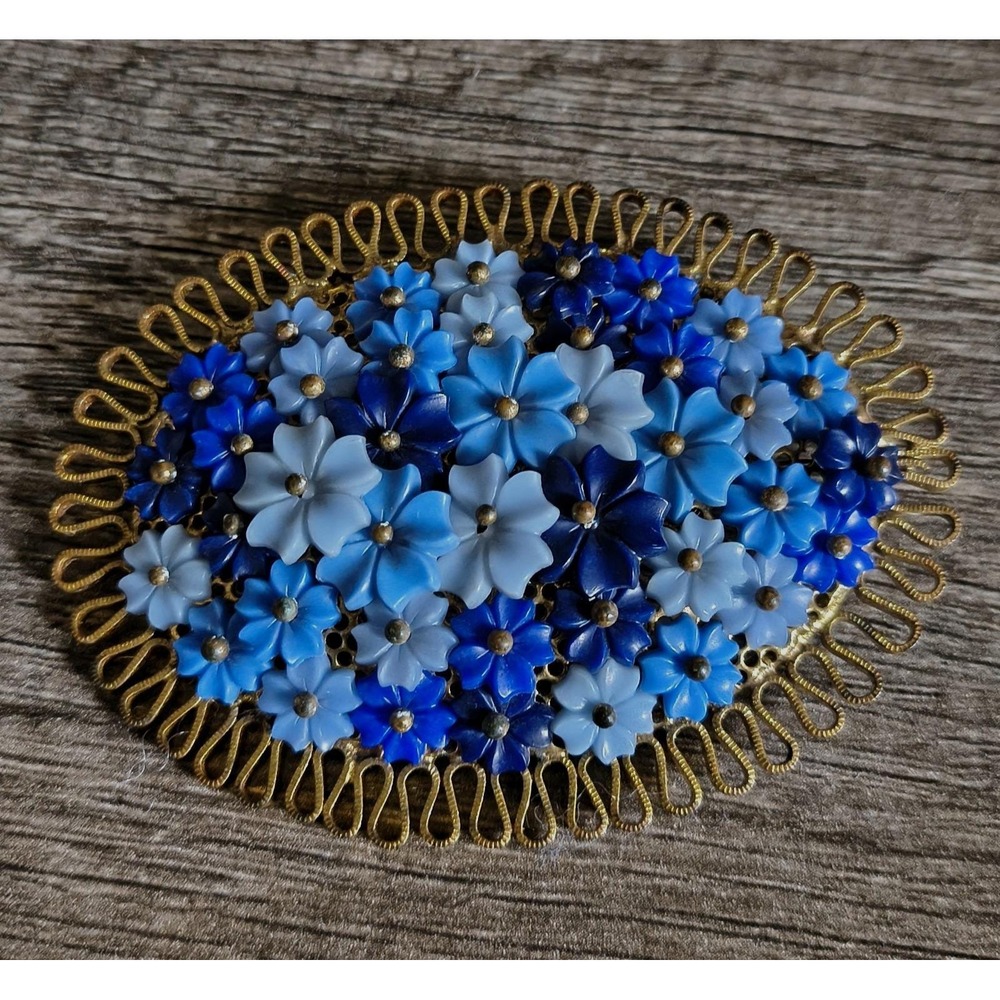 Miriam Haskell Unsigned Large Blue Celluloid Floral Brooch Hand-wired
